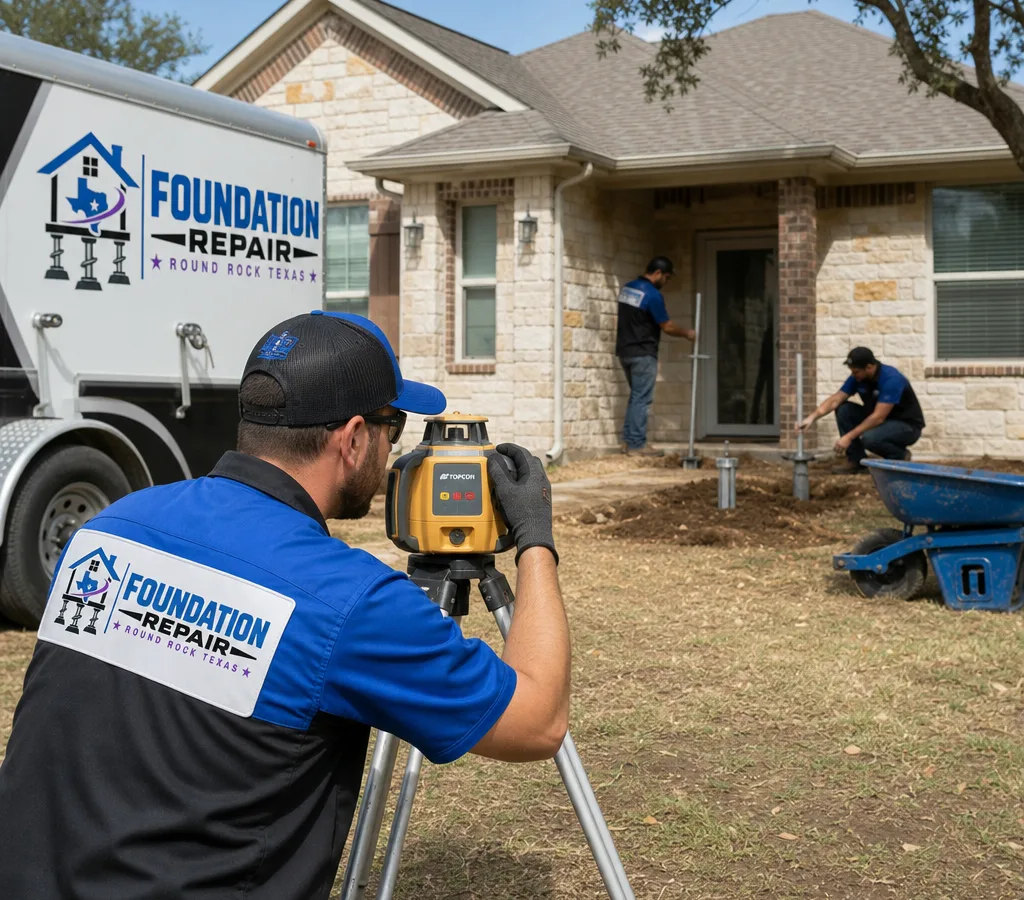 Foundation repair crew measuring floor elevation beside a pier installation area at a Round Rock slab-on-grade home