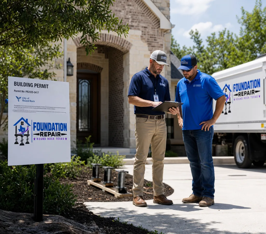 Round Rock residential jobsite with a posted permit card and an inspector reviewing work with a contractor