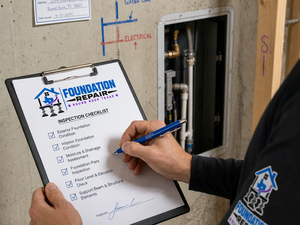 Inspection checklist with a permit card, marked site details, and an open access panel ready for inspection