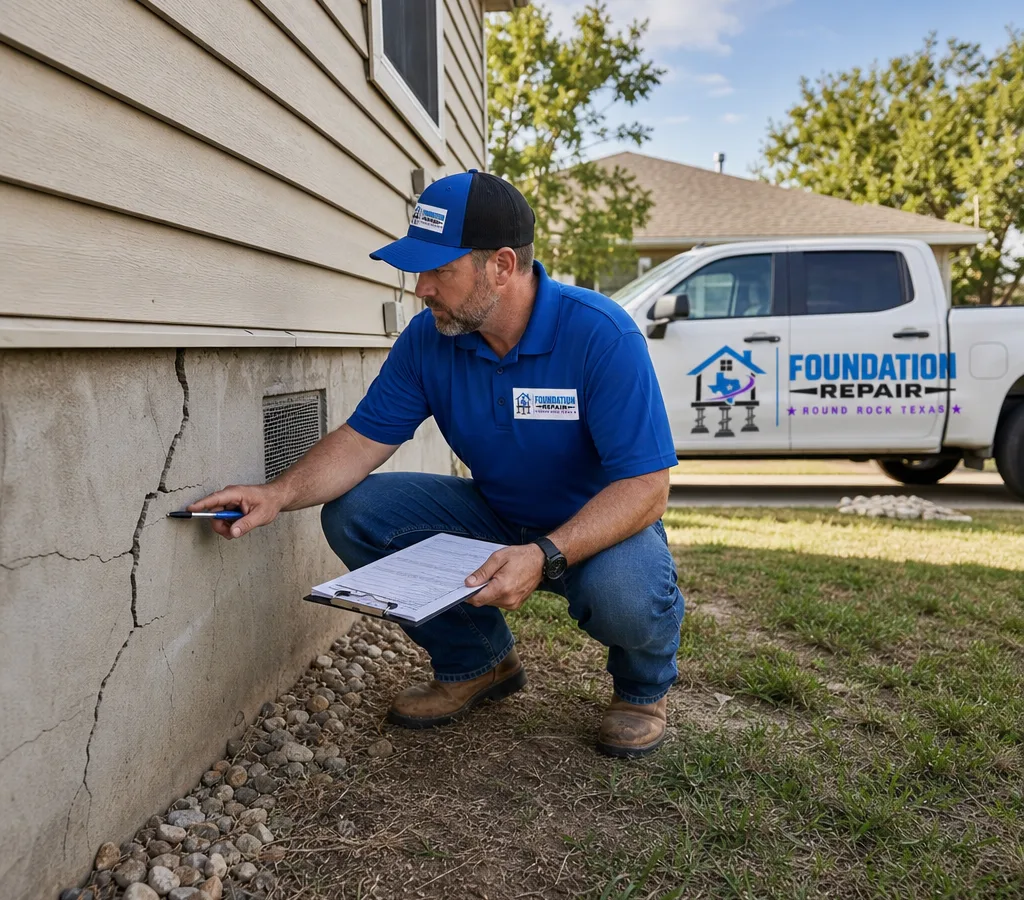 Structural engineer reviewing foundation and wall cracking at a Round Rock home