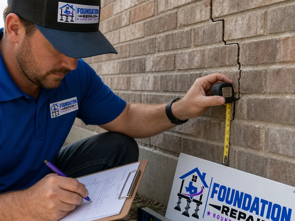 Engineer measuring a stair-step crack in brick veneer and marking it on an elevation sketch