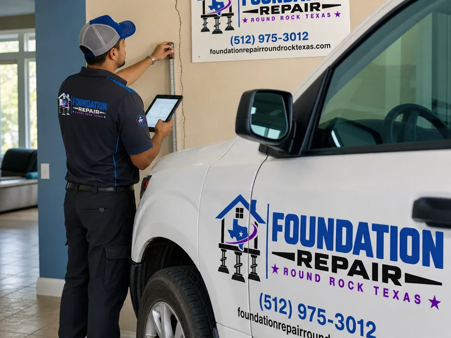 Technician documenting a wall crack and taking elevation readings inside a Round Rock home